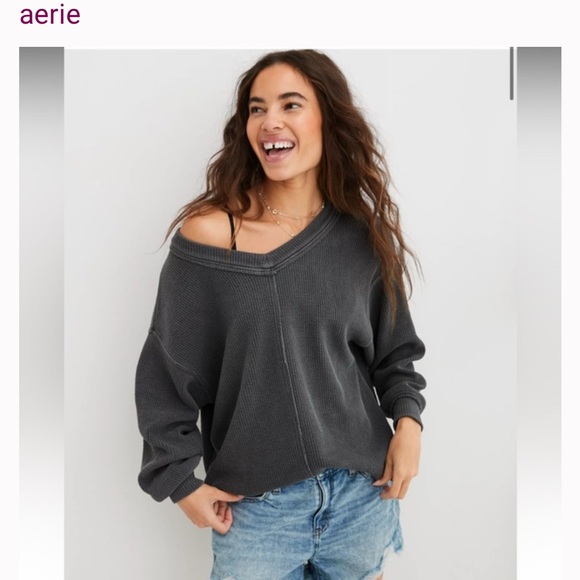 aerie Sweaters - Aerie Sweater/ Sweatshirt Ribbed Raw Hem Side Slit Smoke Grey XS Oversized